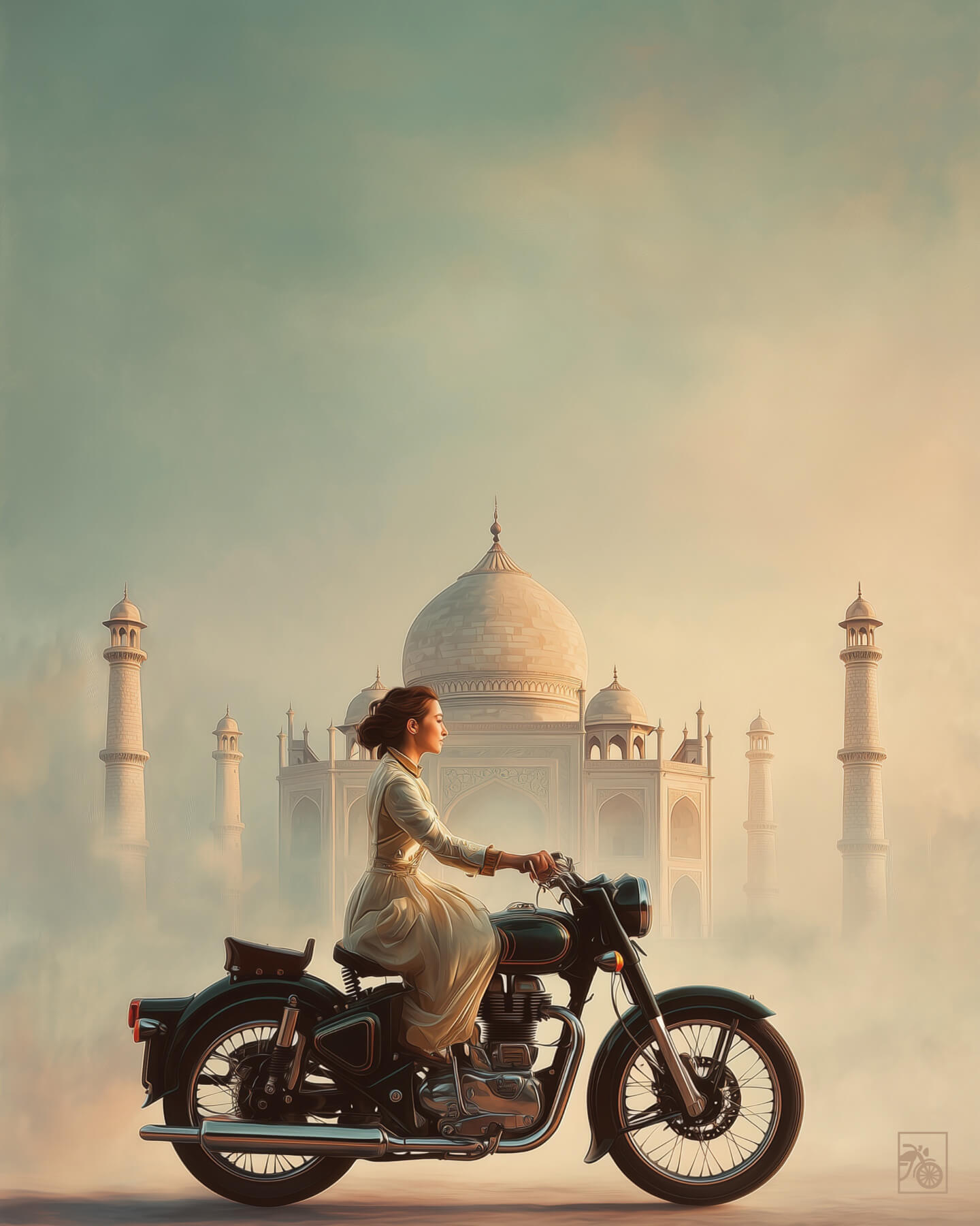 Affiche moto Royal Enfield aérographe réaliste Taj Mahal Inde