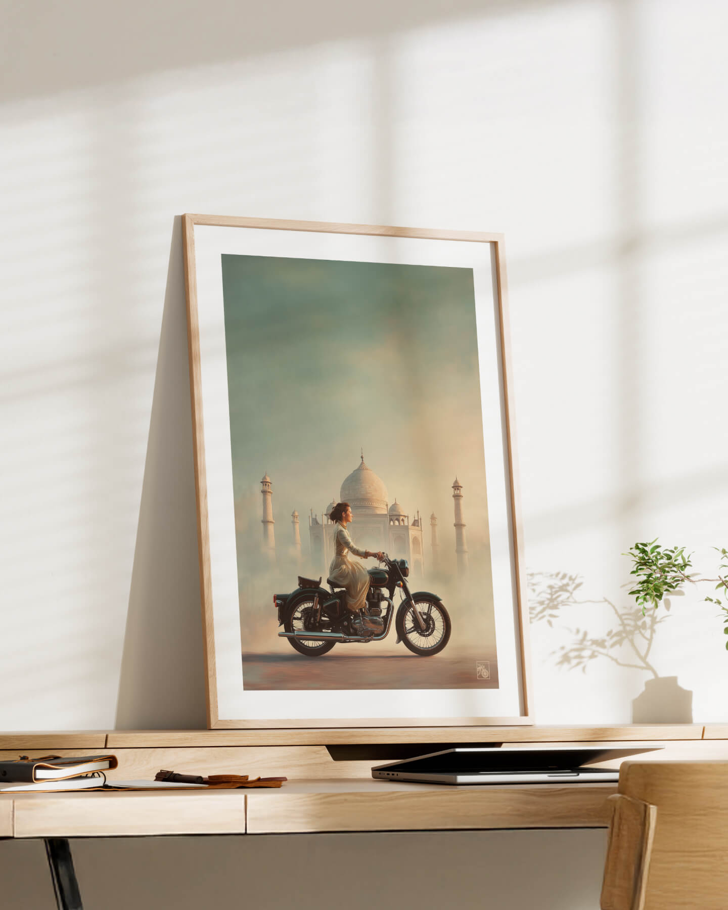 Affiche moto Royal Enfield aérographe réaliste Taj Mahal Inde