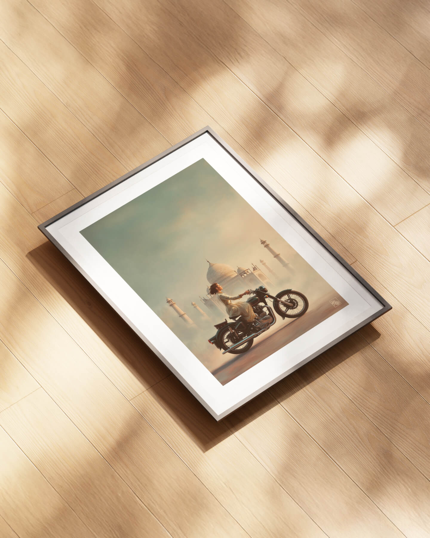 Affiche moto Royal Enfield aérographe réaliste Taj Mahal Inde