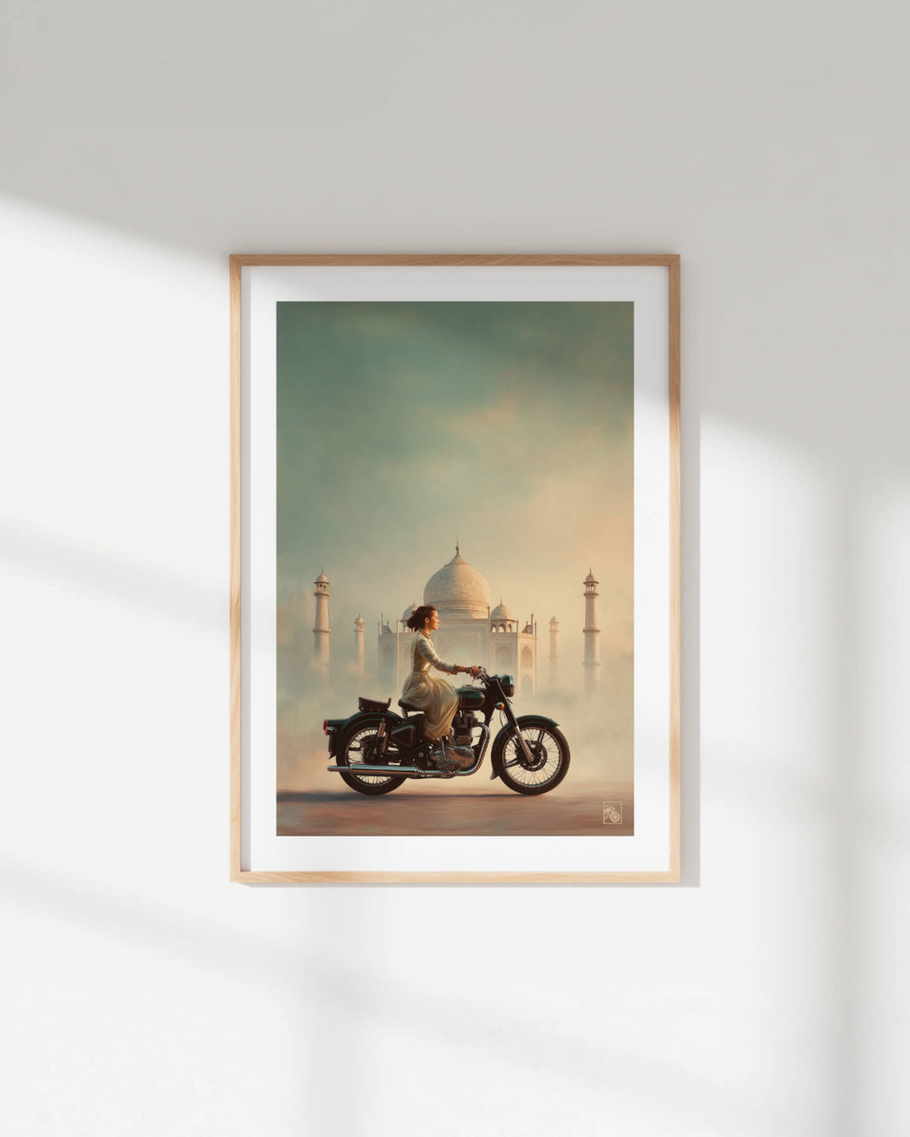 Affiche moto Royal Enfield aérographe réaliste Taj Mahal Inde