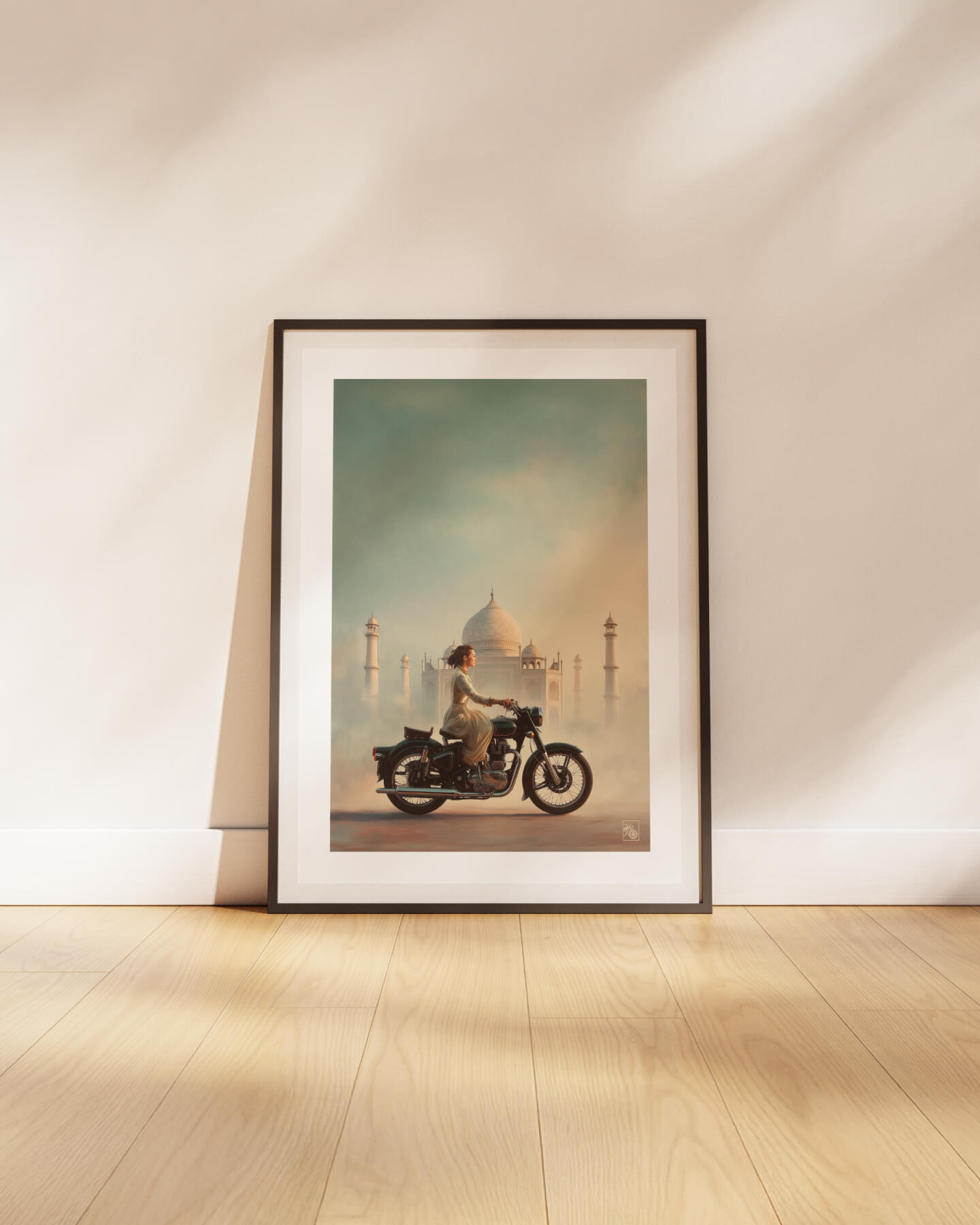 Affiche moto Royal Enfield aérographe réaliste Taj Mahal Inde