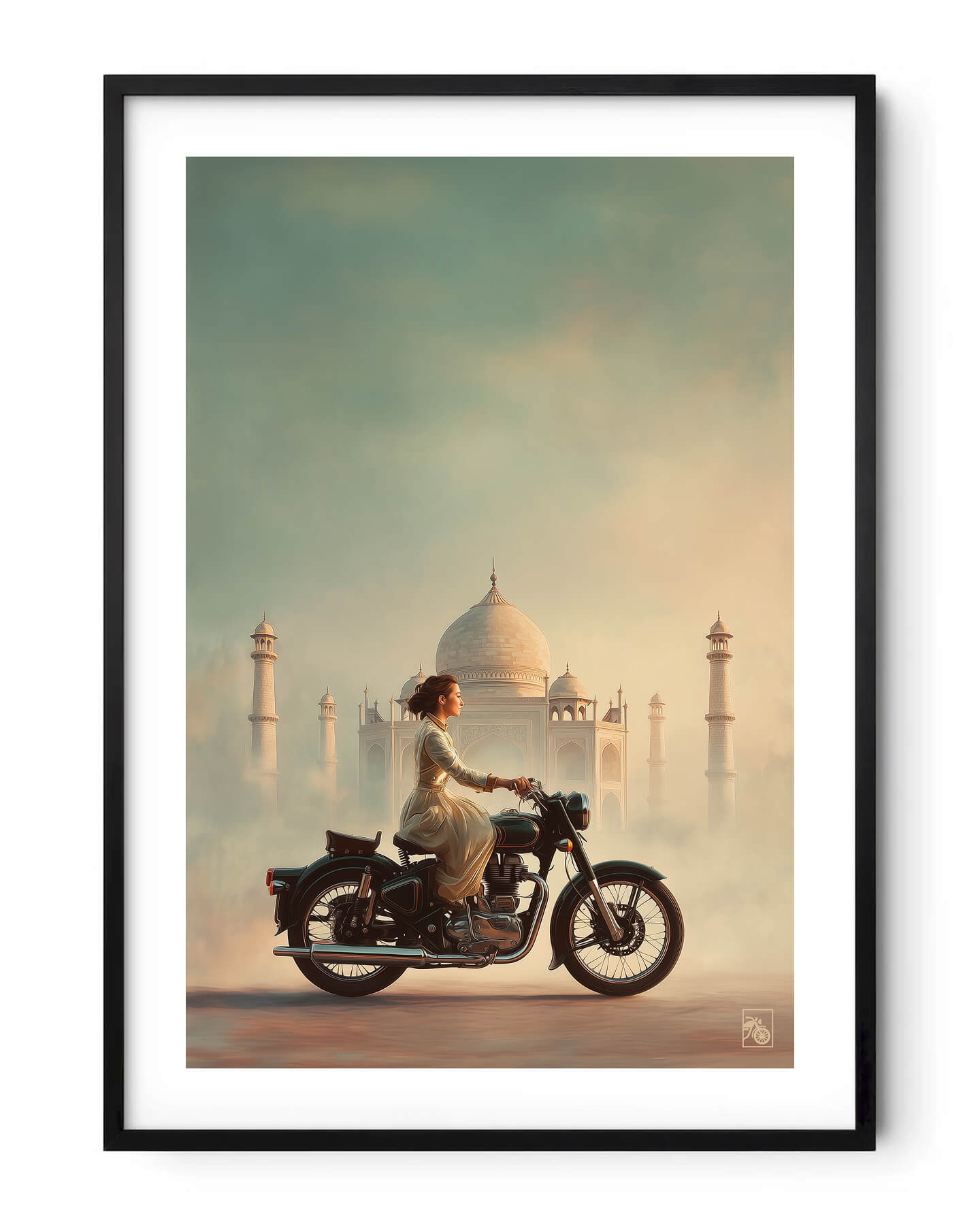 Affiche moto Royal Enfield aérographe réaliste Taj Mahal Inde