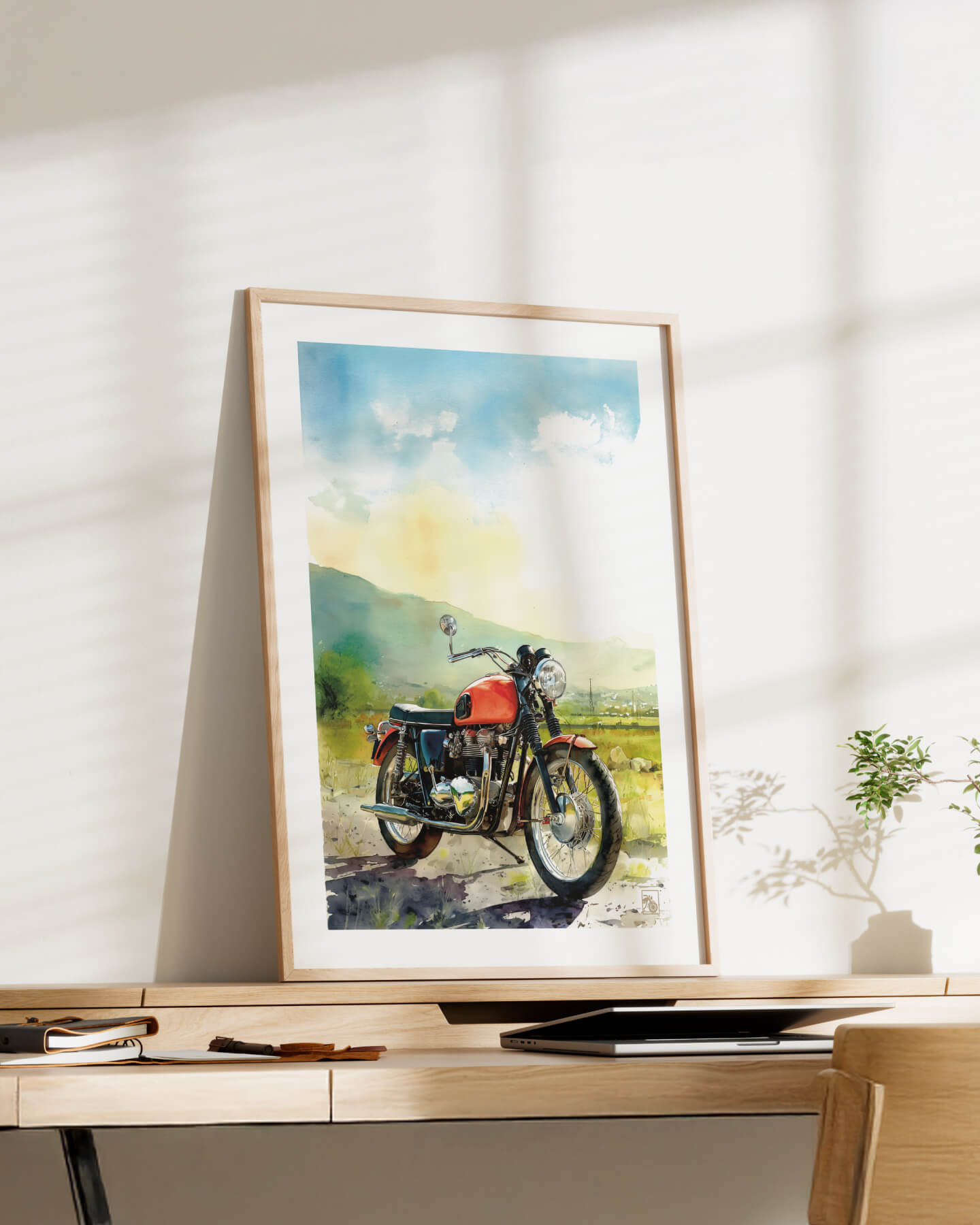 Affiche moto Triumph Bonneville aquarelle route pittoresque