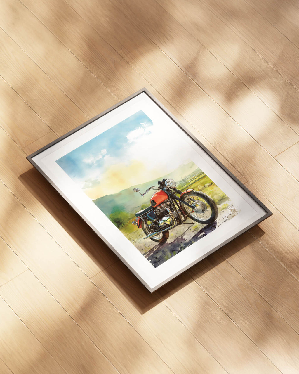 Affiche moto Triumph Bonneville aquarelle route pittoresque