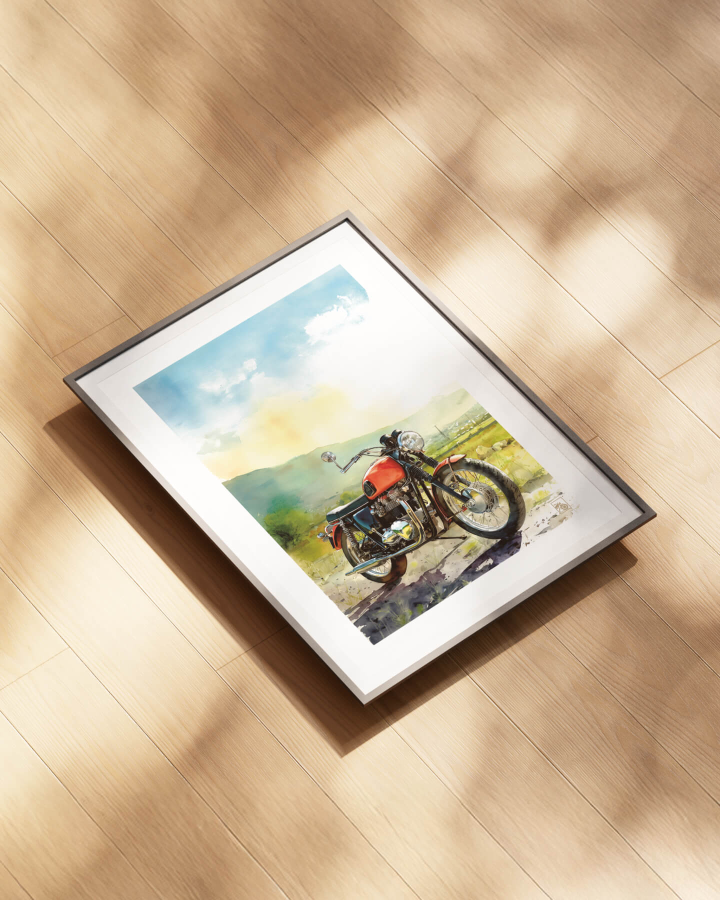 Affiche moto Triumph Bonneville aquarelle route pittoresque