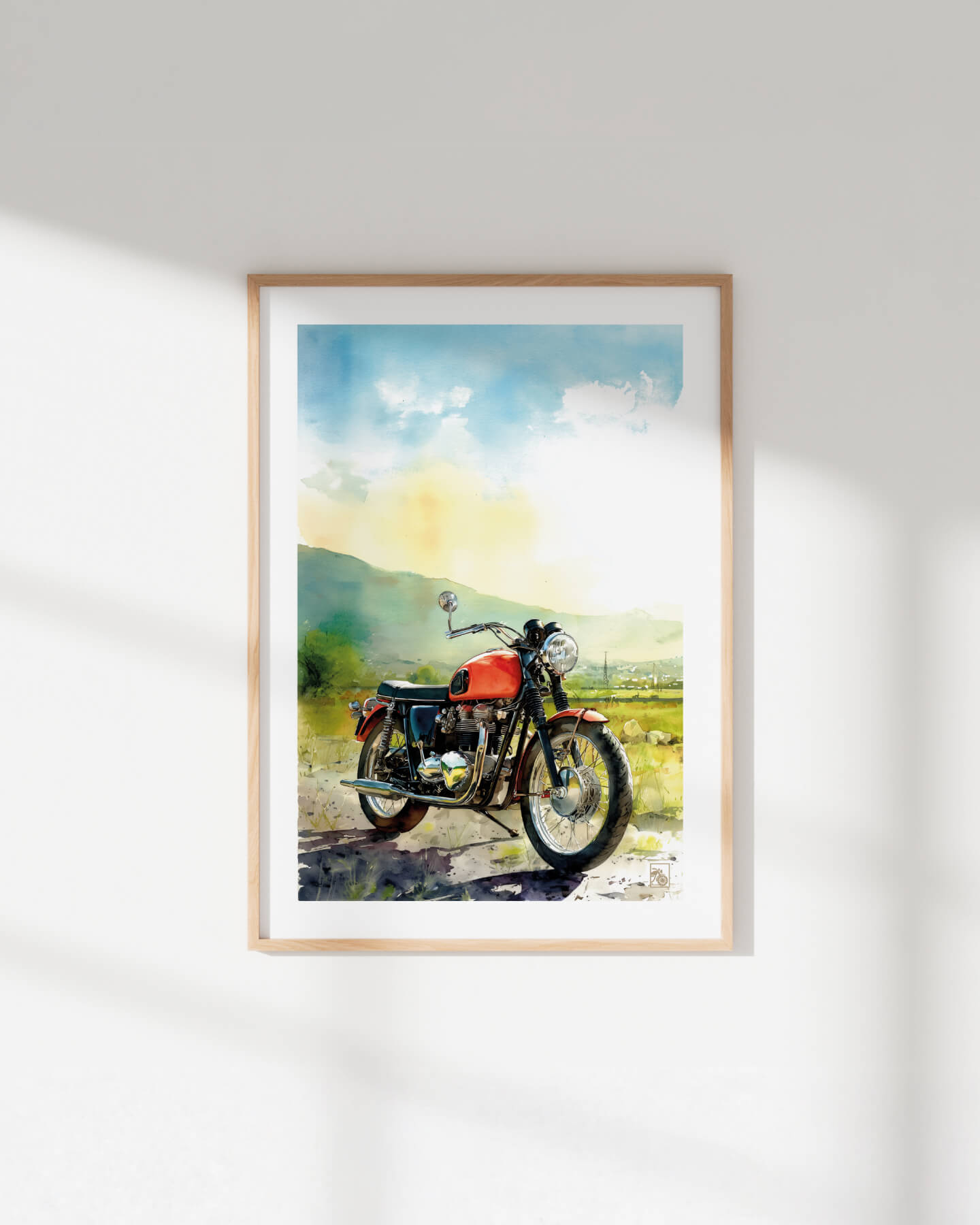 Affiche moto Triumph Bonneville aquarelle route pittoresque