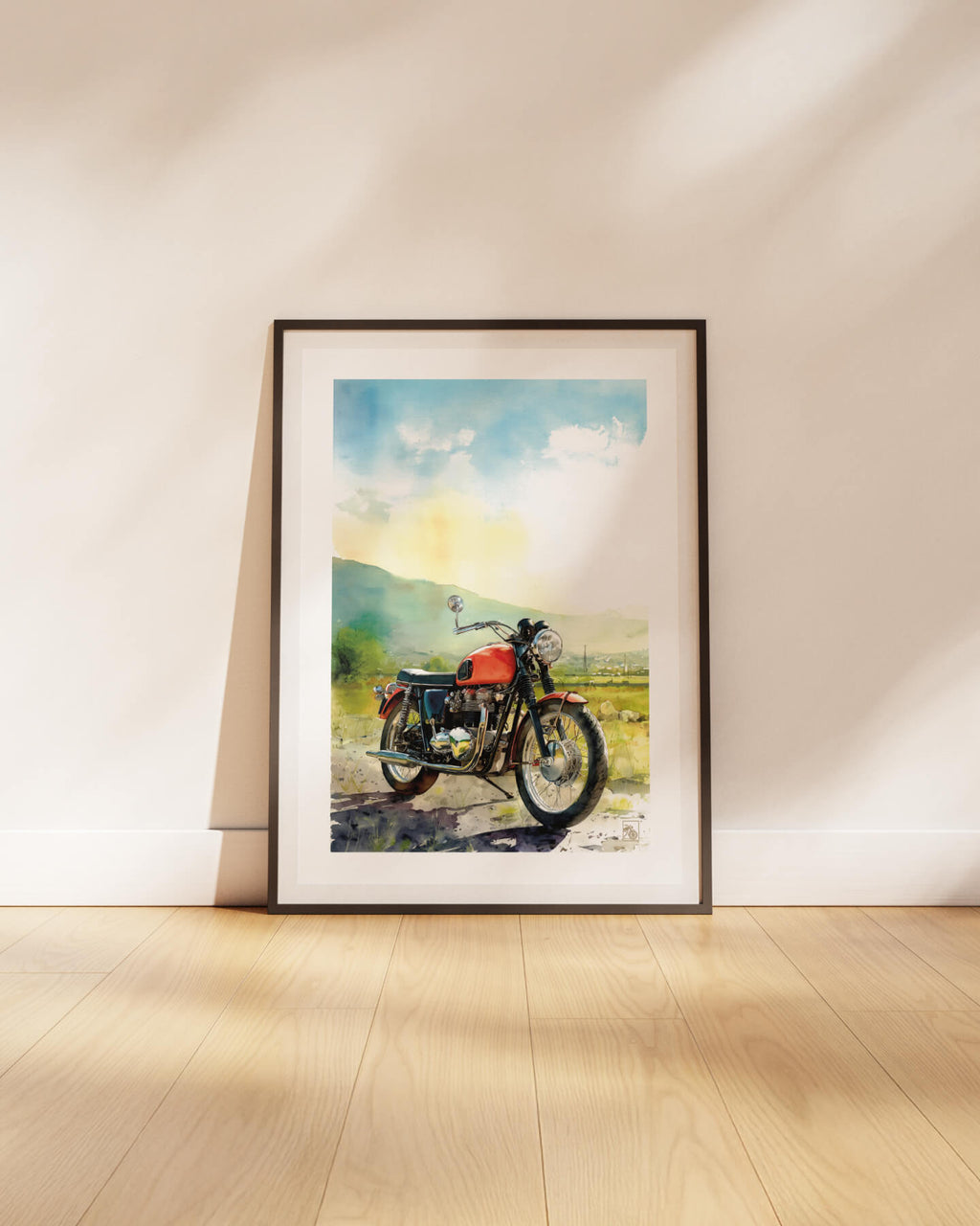 Affiche moto Triumph Bonneville aquarelle route pittoresque