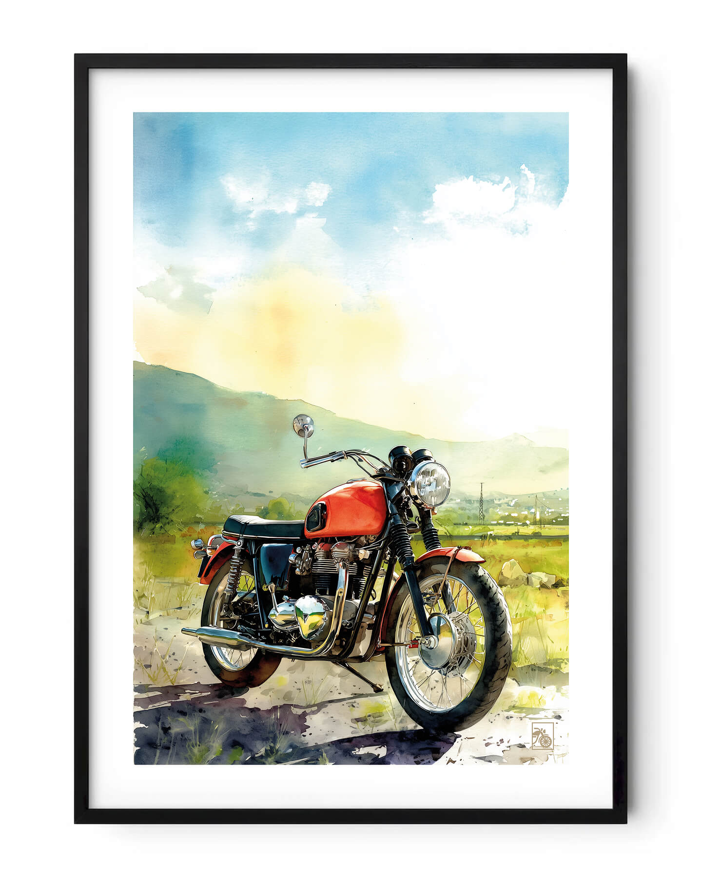 Affiche moto Triumph Bonneville aquarelle route pittoresque