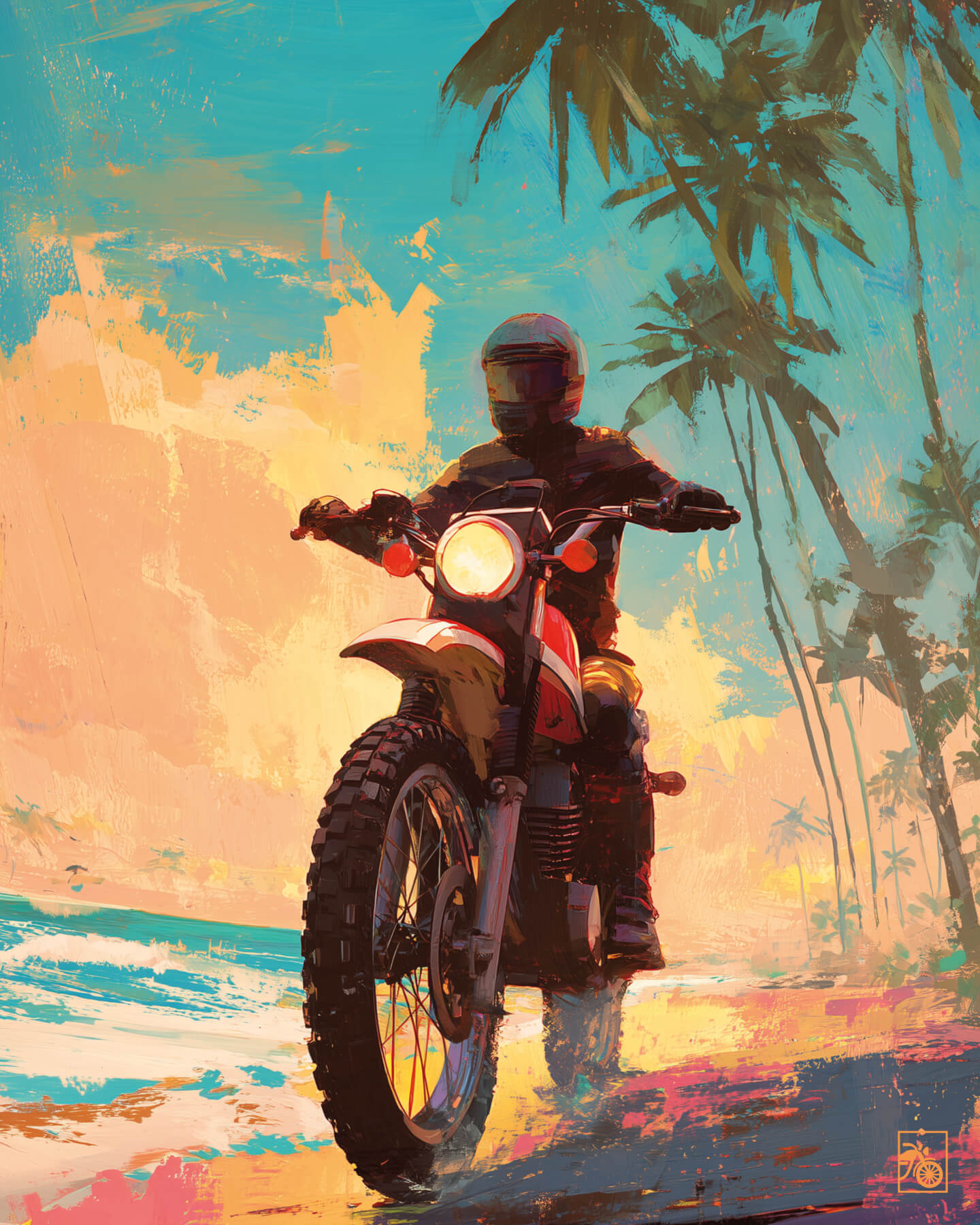 Affiche moto Yamaha XT500 impressionnisme plage tropicale
