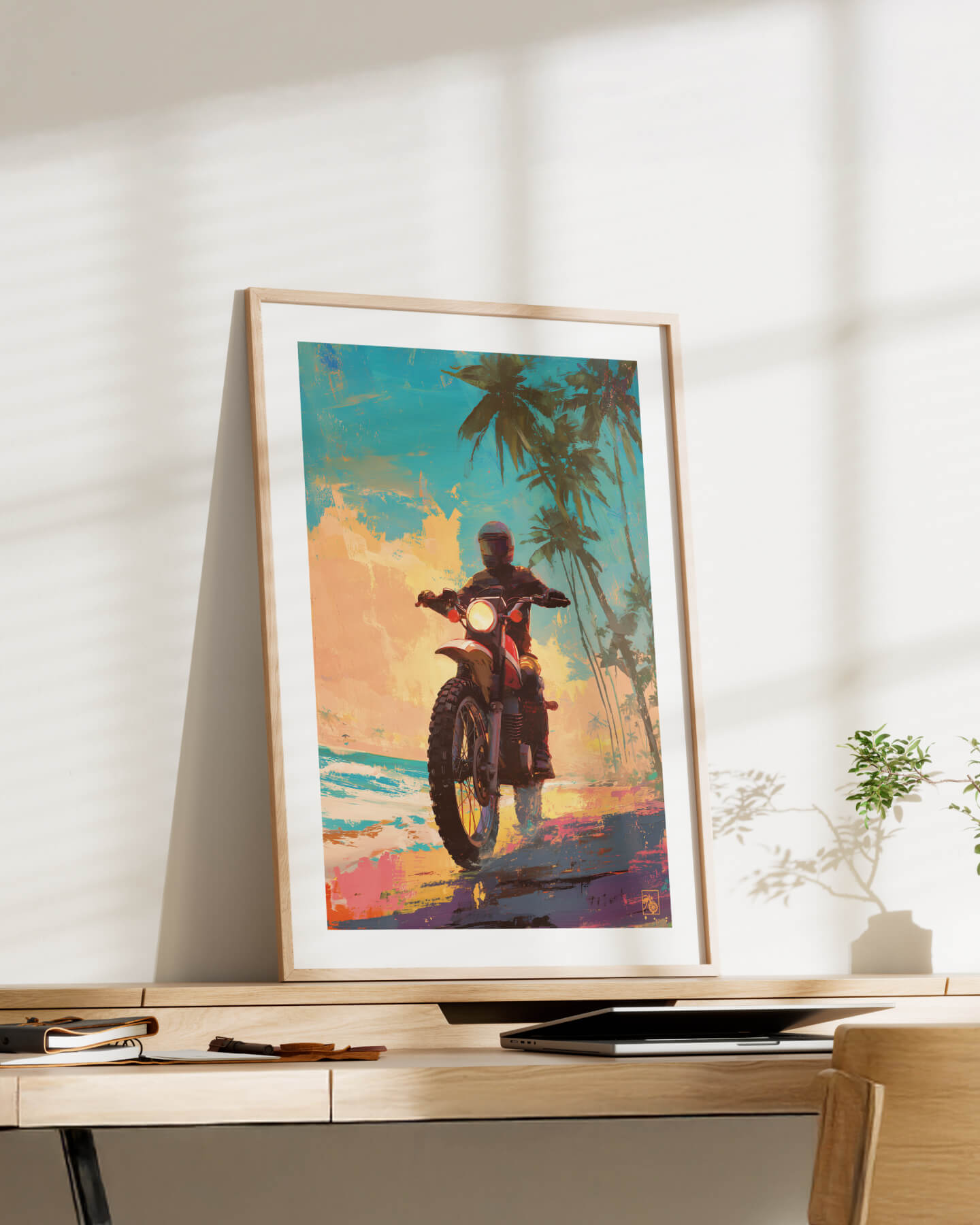 Affiche moto Yamaha XT500 impressionnisme plage tropicale