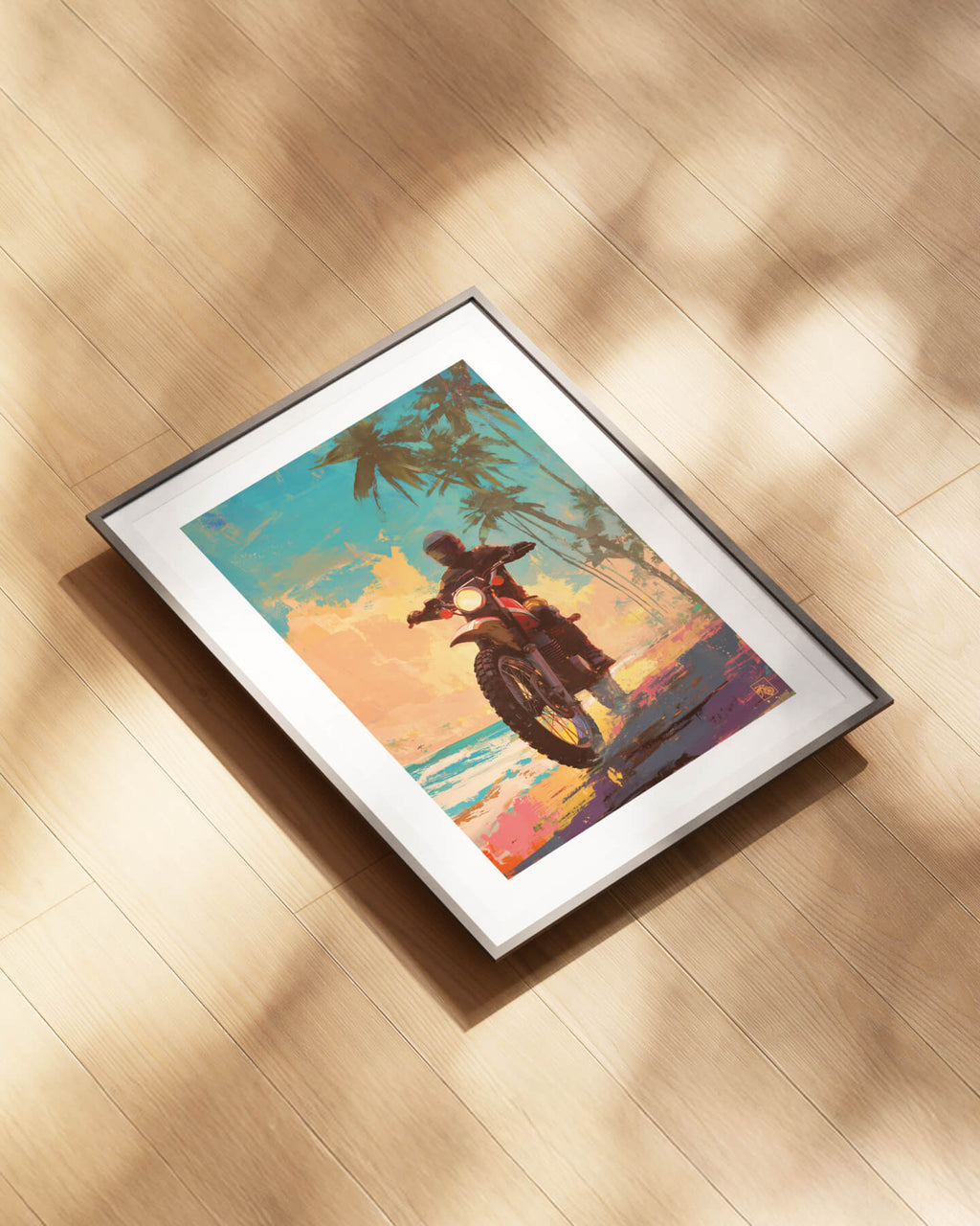 Affiche moto Yamaha XT500 impressionnisme plage tropicale