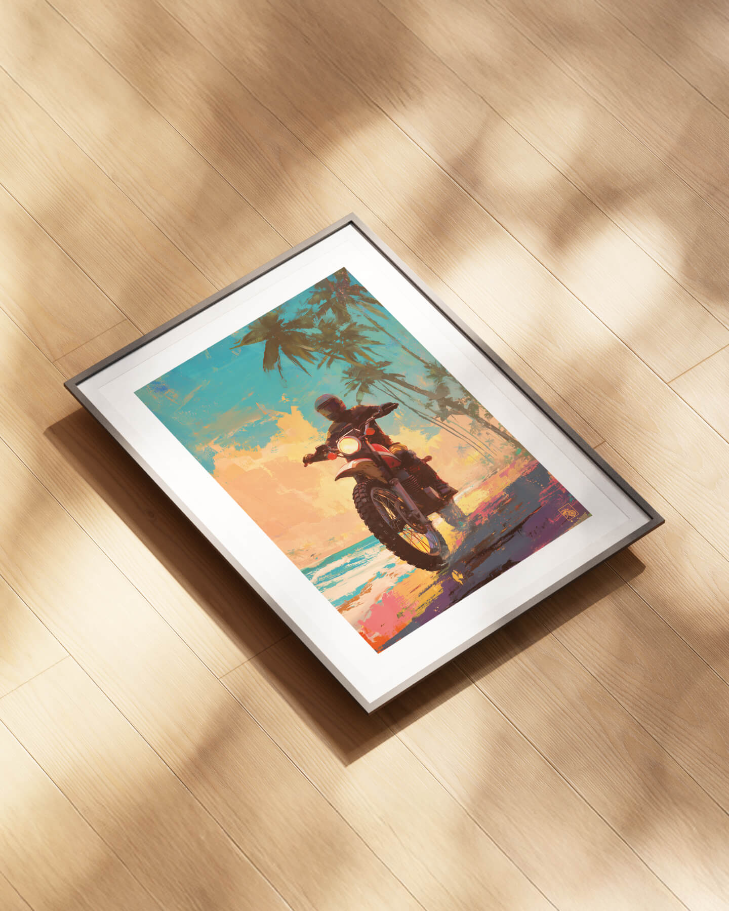 Affiche moto Yamaha XT500 impressionnisme plage tropicale