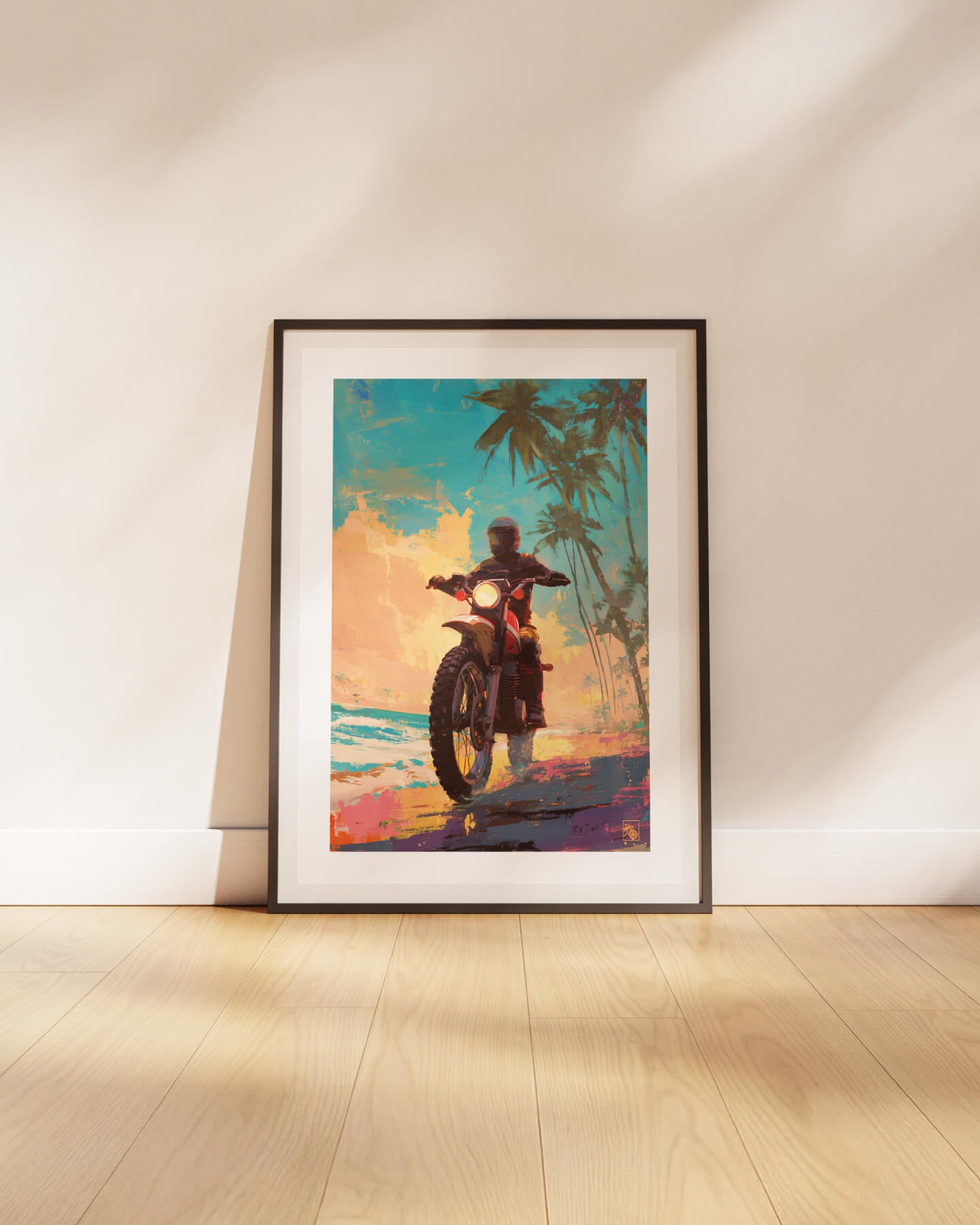 Affiche moto Yamaha XT500 impressionnisme plage tropicale