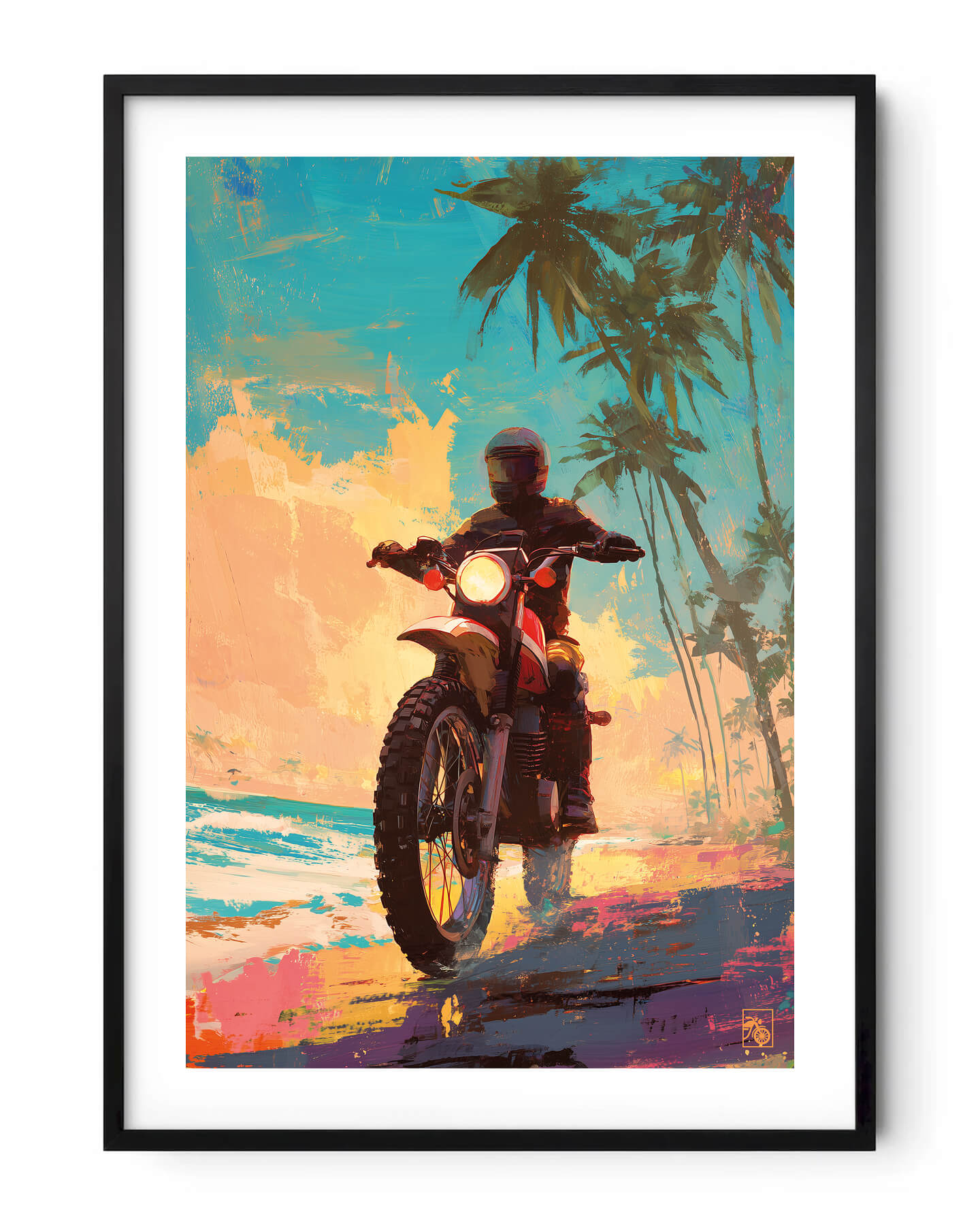 Affiche moto Yamaha XT500 impressionnisme plage tropicale