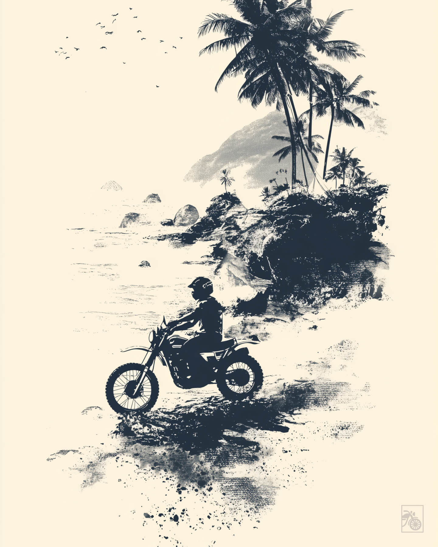 Affiche moto Yamaha XT500 peinture encre chinoise plage tropicale