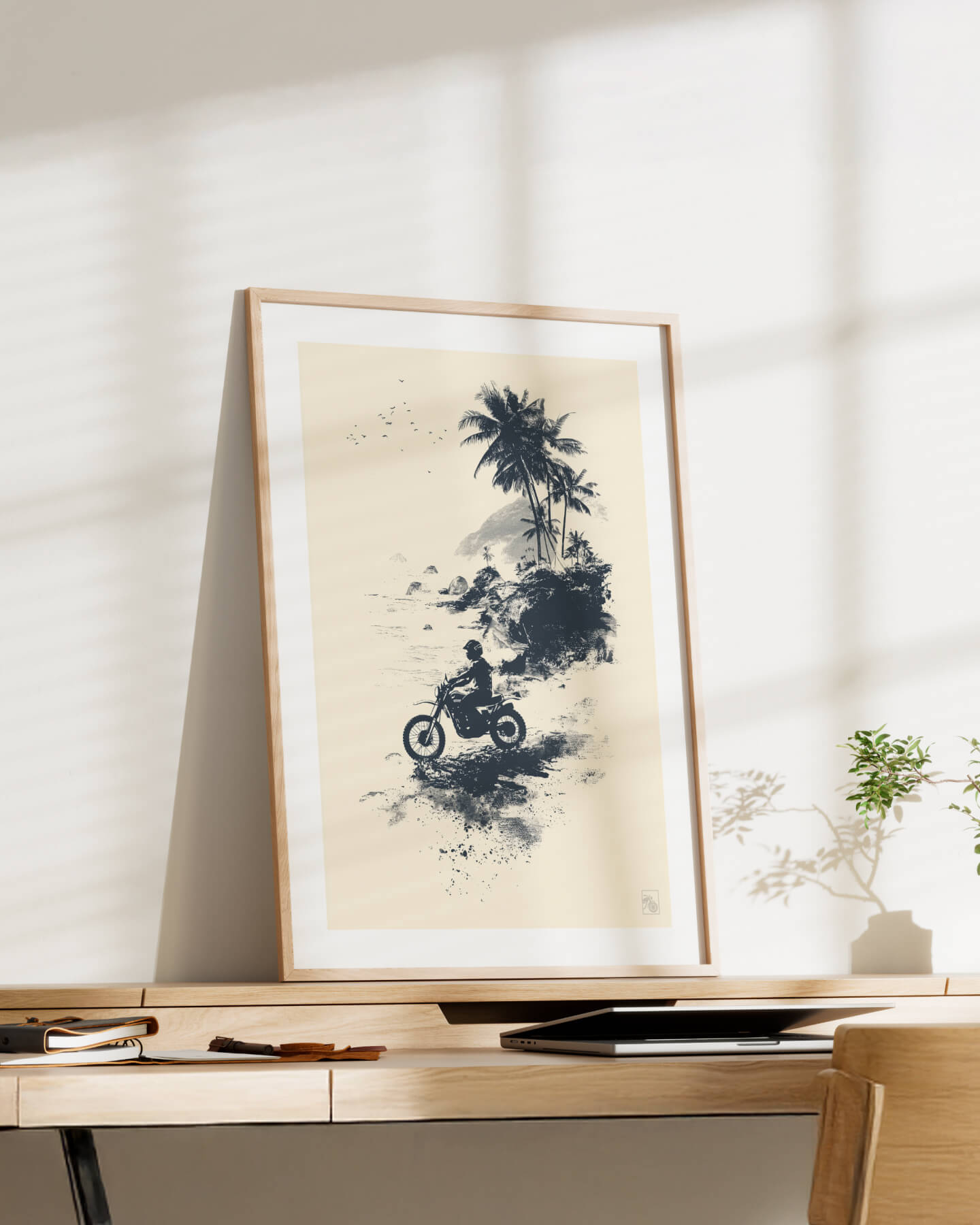 Affiche moto Yamaha XT500 peinture encre chinoise plage tropicale