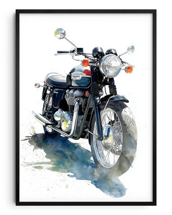 A framed watercolor-style art print of a black and blue classic motorcycle on a white background, enclosed in a thin black frame.