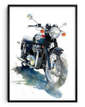 A framed watercolor-style art print of a black and blue classic motorcycle on a white background, enclosed in a thin black frame.
