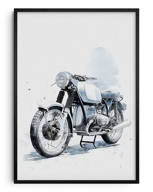 A framed watercolor-style art print of a vintage motorcycle, shown against a clean white background with a black frame.