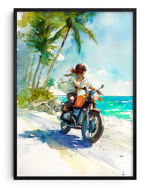A framed watercolor art print depicting a woman riding an orange motorcycle along a tropical beach path with palm trees and turquoise ocean water, shown against a white background.