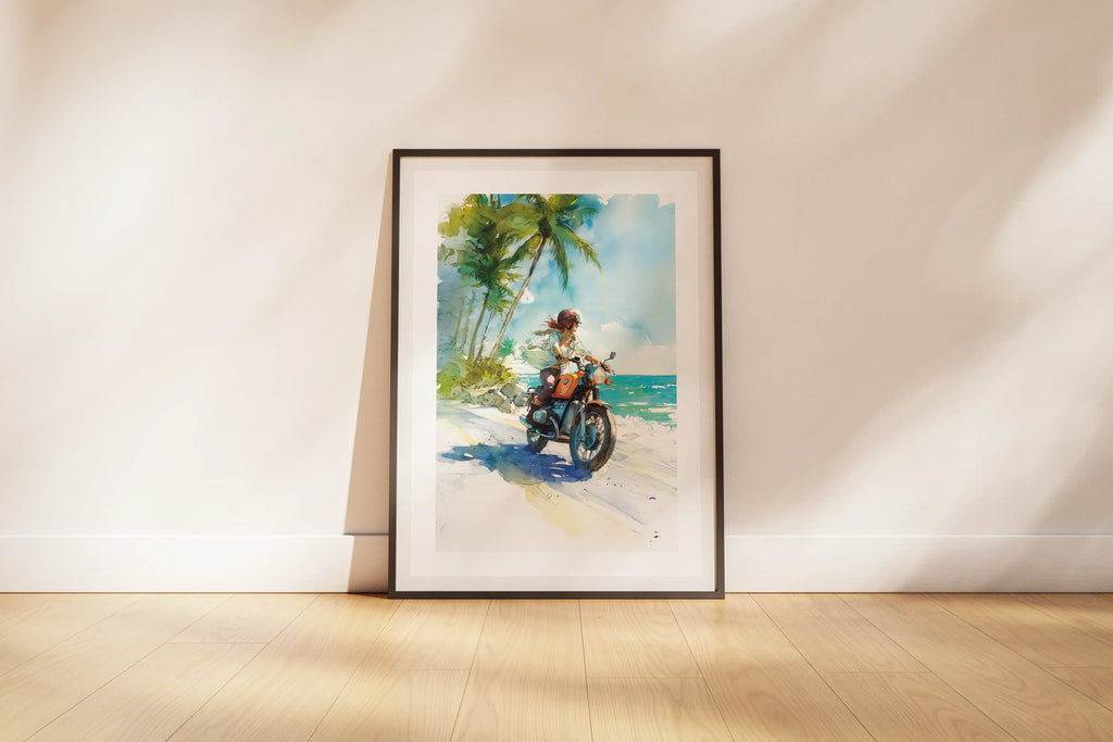 Affiche BMW Twin vintage en aquarelle, motarde aux Caraïbes, palmiers et plage, posée contre mur clair.