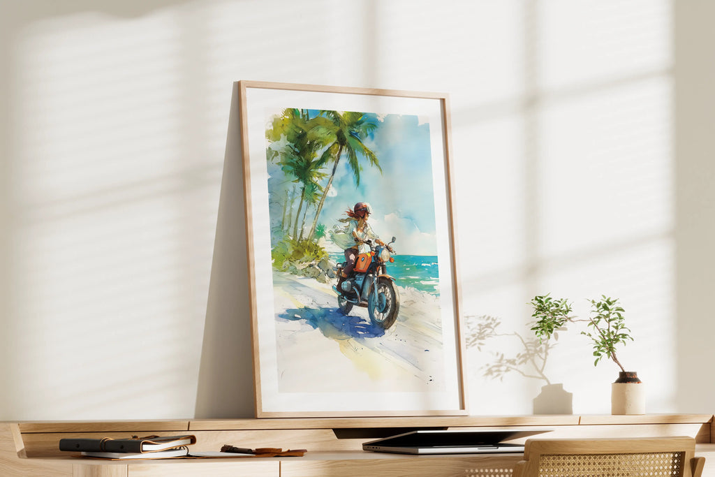Affiche A3 BMW Twin en aquarelle, motarde Caraïbes, cadre posé sur bureau, ambiance tropicale élégante.
